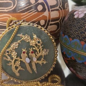 Gold Filled Jade And Rhinestone Bird Blessing Pendant Necklace